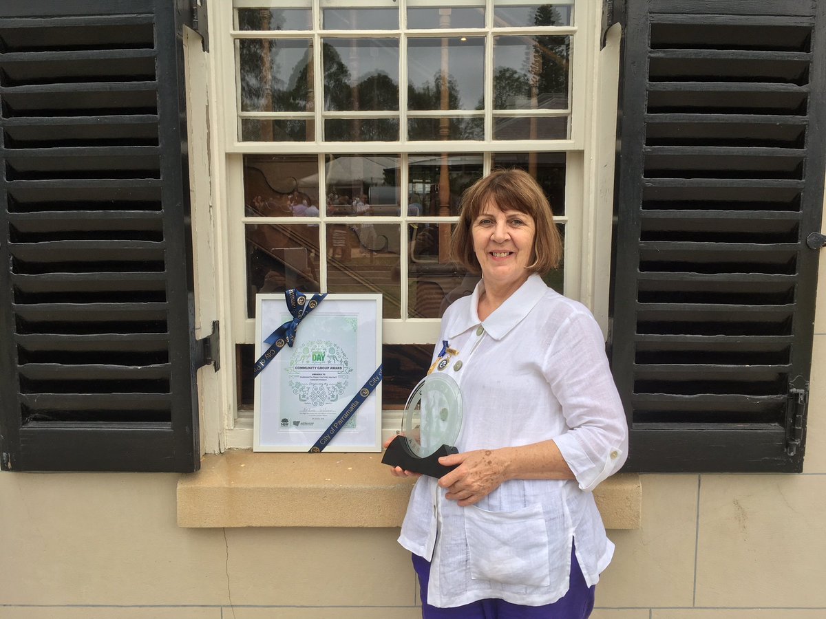 ParragirlsFFP's tweet photo. PFFP Memory Project wins the Parramatta City 2018 Australia Day Community Group Award! Bonney Djuric with the trophy at Old Govt. House. https://t.co/NbPDCrC7e1