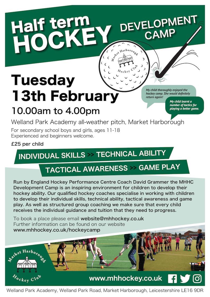 Half term Hockey Development Camp for children aged 11-18
Tuesday February 13th at <a href="/Welland_Park/">WellandParkAcademy</a> 
More info >> mhhockey.co.uk/hockeycamp

#HarboroughHockey #HalfTerm #Harborough