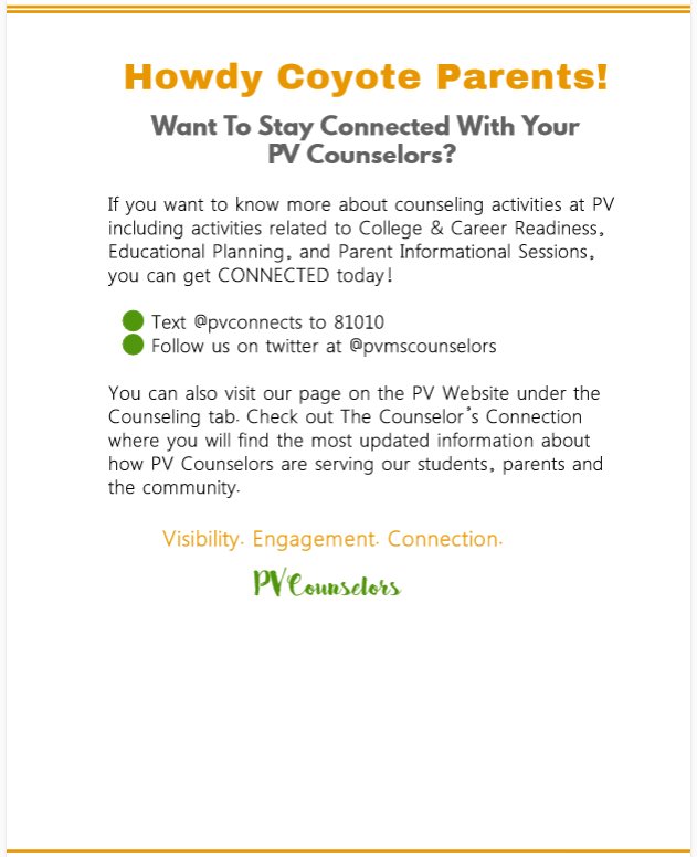 Prairie Vista MS Parents don't miss out on important and helpful information  from the counseling team. Get connected with your PV Counselors today! <a href="/prairievistams/">prairievistams</a>