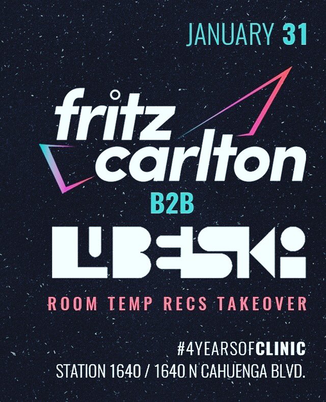 RoomTempRecs's tweet image. Change of plans! To celebrate 4 Years of Clinic, label bosses @FritzCarltonSF and @lubelskimusic are throwing down b2b all night long! Come party with us at Station1640 for @ClinicWednesday ! Grab tickets at bit.ly/2DxBrXP