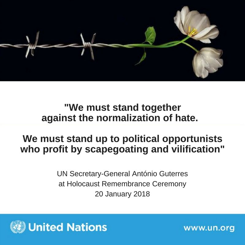 We must never be bystanders when lives and values are at stake -<a href="/antonioguterres/">António Guterres</a>

Saturday is #HolocaustRemembrance Day: bit.ly/2EQPG6k