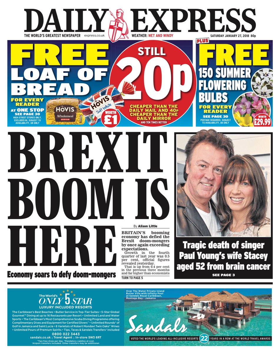 Saturday's Daily Express "Brexit boom is here" tomorrowspaperstoday