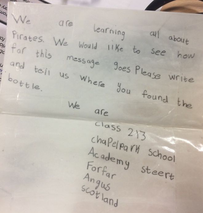 A message in a bottle, written in my home town of Forfar in the 1980s, has washed up 4,000 miles away in Florida. bbc.in/2nhbTDj