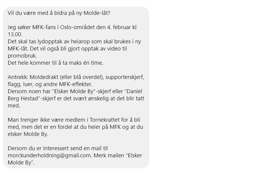 IsakAleksander's tweet photo. @Molde_FK @moldepodd @Tornekrattet Fint hvis dere kan hjelpe å spre budskapet! Søker etter supportere til innspilling av ny MFK-sang. https://t.co/7nh7v7hPcr