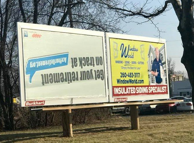 JFMKTG's tweet photo. Oh and hey, @BurkhartAdv and/or @AARP what gives? Surely you can't think this is an appropriate way to market to seniors. Upside down? For anything else I'd have thought it was a gimmick. #ReadabilityFail #OperationalFail #SomethingFailed #jfmktg (Photo cred E. Hooker Myers) https://t.co/BT0IXsWPia
