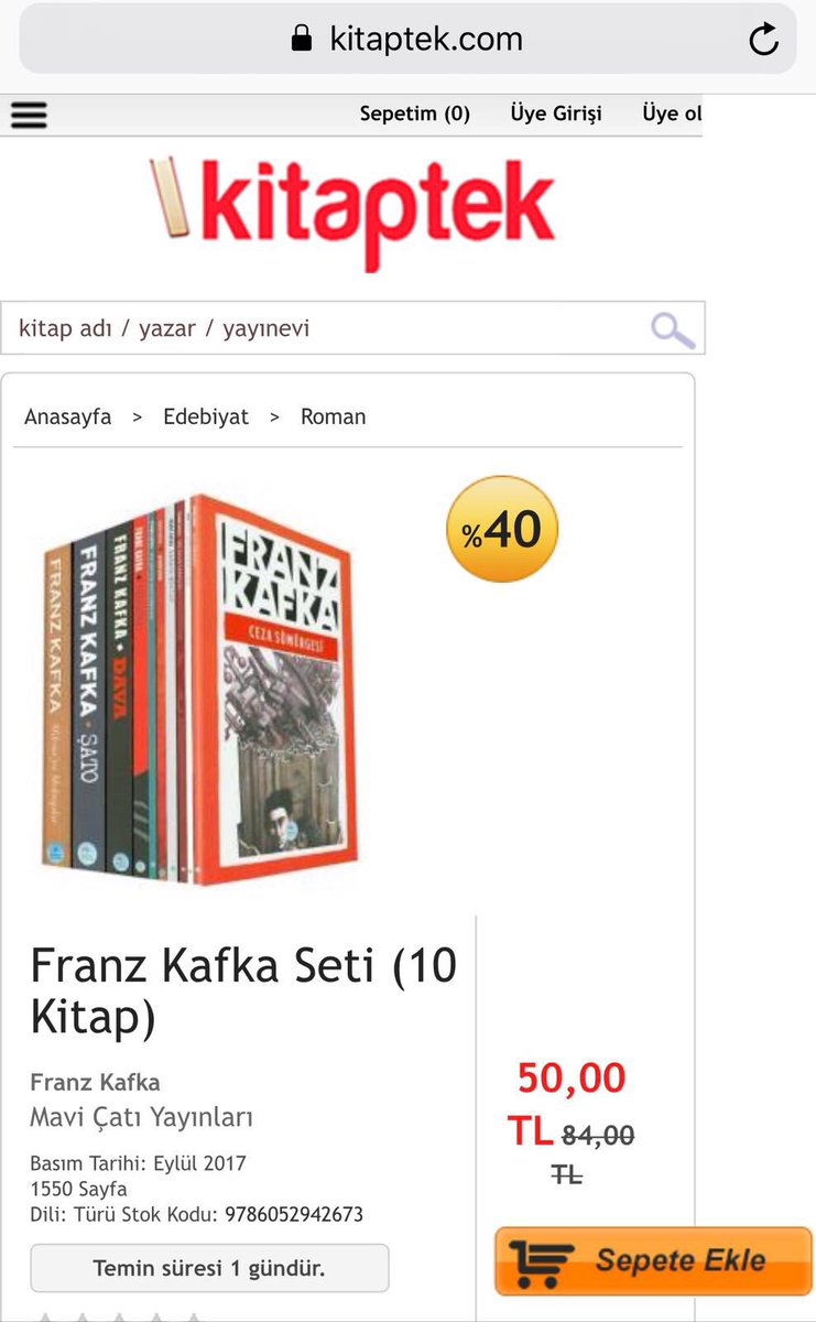 | ÖZEL İNDİRİM |  

Franz Kafka'nın 10'lu setini 24 saatliğine şok indirime soktuk. Kapıda ödeme imkanıyla hizmetinizdeyiz. İyi akşamlar dileriz :)