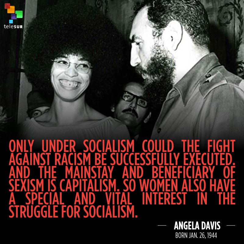 telesurenglish's tweet photo. It's Angela Davis's birthday today! 🎂 

Here is Angela Davis on why you have to fight capitalism if you want to fight racism and sexism.

To this day she has never given up her beliefs in socialism and the struggle for a society without sexism and racism. https://t.co/4dW6UATeaD