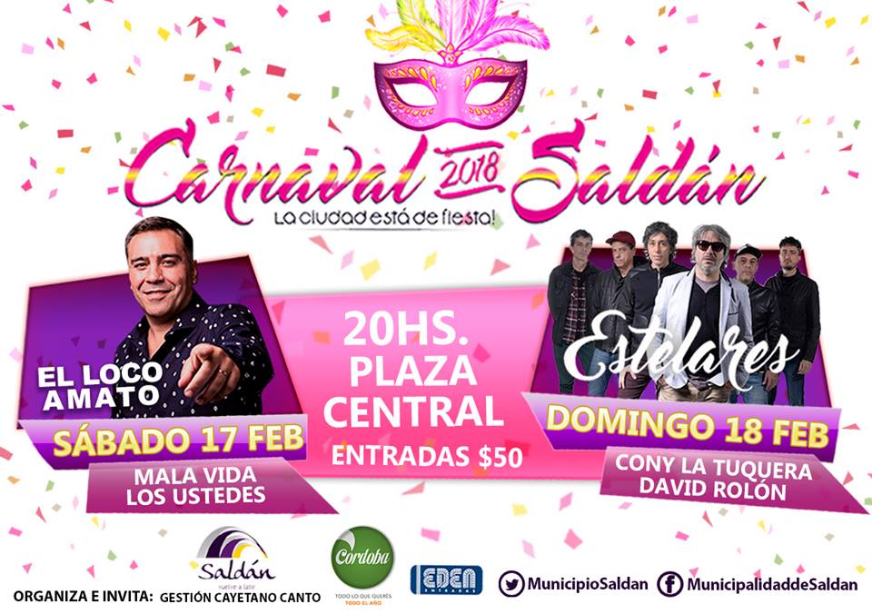 Ya están a la venta las entradas para el #CarnavalDeSaldán
El sábado 17 de febrero subirán al escenario Cristian Amato, Mala Vida, Los Ustedes. El domingo 18 tocarán Estelares, Cony la tuquera, David Rolón. Entradas Disquerías Edén y @MunicipioSaldan
infosierraschicas.com.ar/2018/01/ya-est…