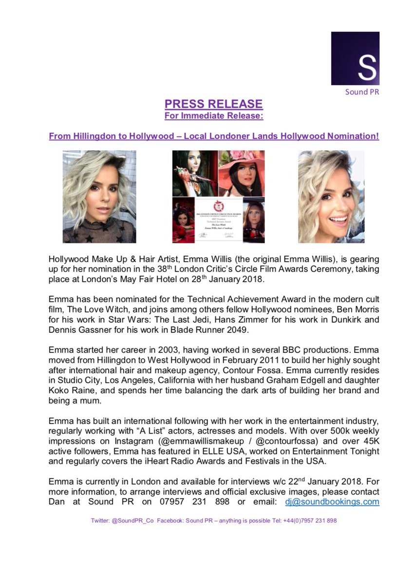 SoundPR_Co's tweet photo. @DailyMailUK @MailOnline @DailyMailCeleb Did you know this?Emma Willis @ContourFossa one of only two women in her category!Technical Achievement Nomination in this Sunday’s London Critics’ Circle Film Awards @LondonCritics for #TheLoveWitch How about a retweet? 🙏 ❤️🧙‍♀️ https://t.co/imn2Phq08v