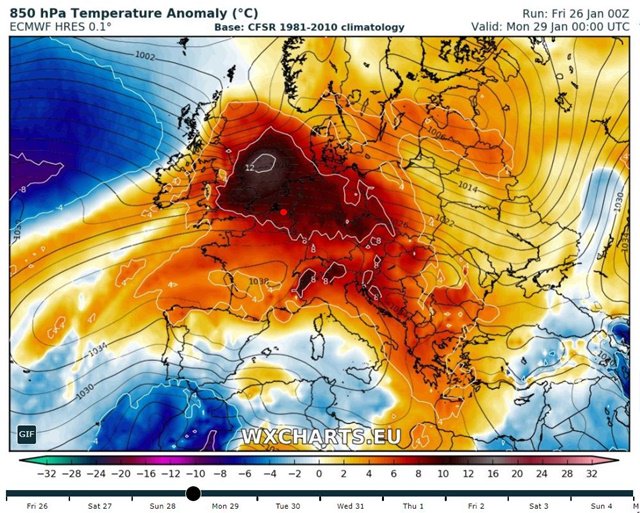 NoodweerBenelux's tweet photo. Na het #weekend klimt de temperatuur tot 12°C hoger tegenover het normaal gemiddelde op 850 hPa (1499 meter) voor de tijd van het jaar. Meer informatie over de #winterkansen in West-Europa. https://t.co/VO5j6xSm7f https://t.co/BdlL62XVPX