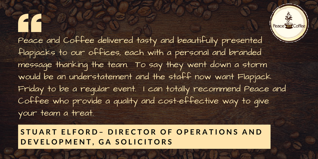 Peace_andCoffee's tweet photo. Delighted to receive such a testimonial from @GAsolicitors - have a great weekend everyone! Will you join the #FlapjackFriday Club next week? #TellTheBoss #Plymouth @PlymouthBizz https://t.co/WOy6GA1KSD