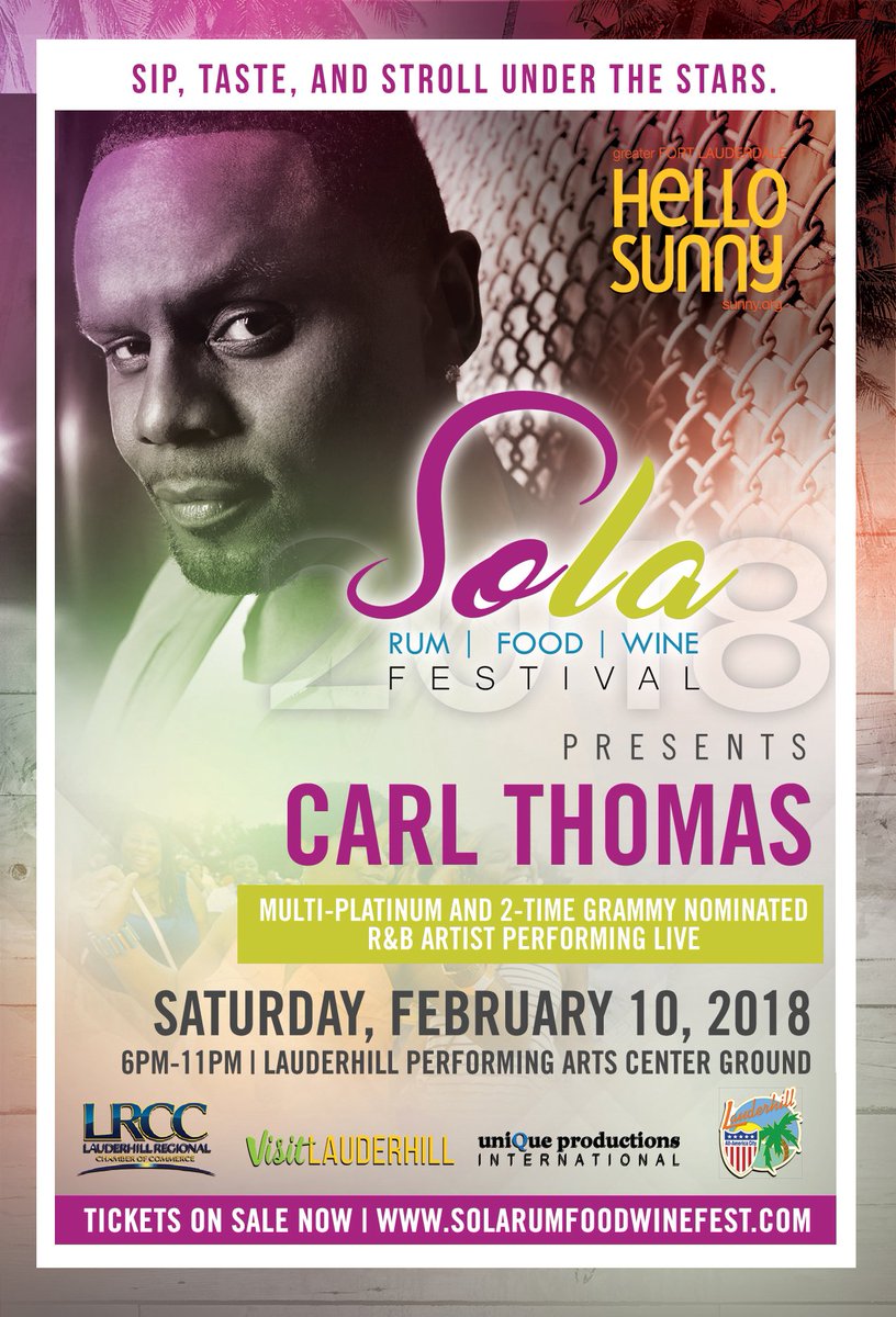 CityLauderhill's tweet photo. Hey Ladies &amp; Gents! Guess who's coming to the Sola Festival? You got it...Carl Thomas 😀😁😎. Grammy award winner will be performing live on Feb. 10th SoLa Rum, Food &amp; Wine Festival in #Lauderhill. Cheers folks and see you there!  #iloveLauderhill #Broward #SouthFlorida #Florida https://t.co/q8NEcXKRel