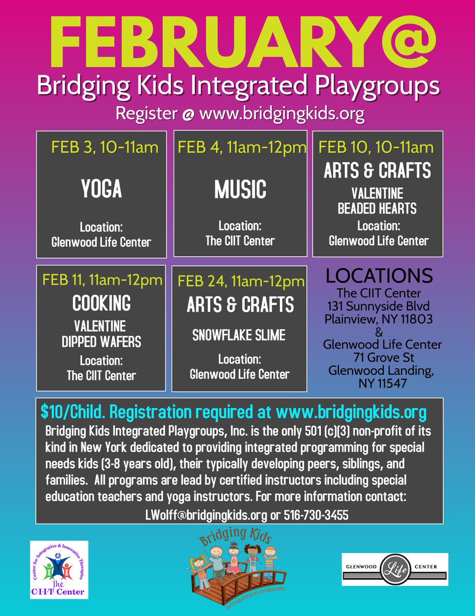 bridgingkids's tweet photo. Schedule for February @bridgingkids Integrated Playgroups! Be sure to register online at https://t.co/ahFG4zxdOX   by the Thursday of each class. @CIIT_Center @GlenwoodLifeGLC @EastpointeS @ScottMWolff #specialneeds #playgroups #integratedplaygroups #specialneedskids #LongIsland https://t.co/04DYE5r65G