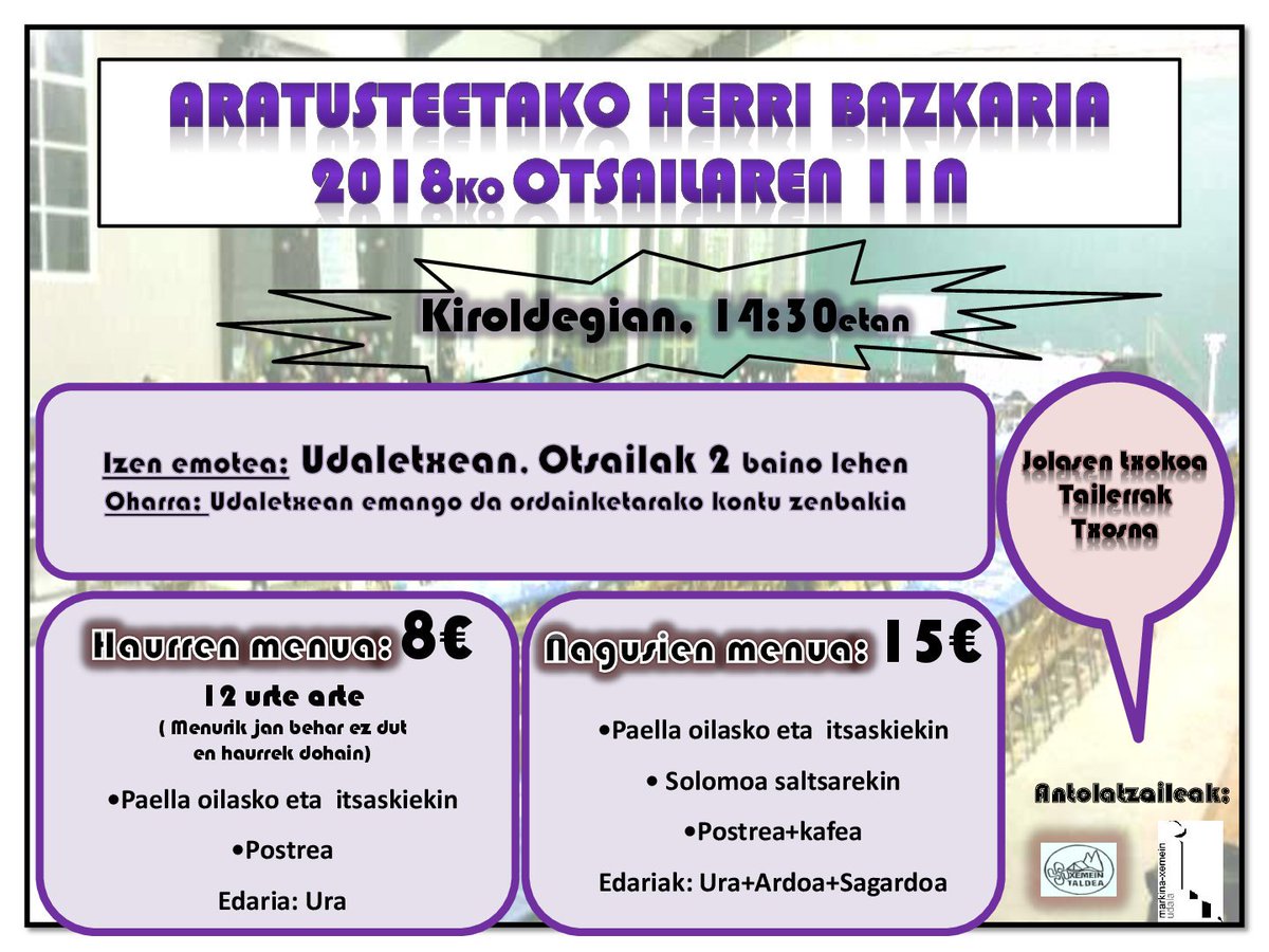 MarkinaXemein's tweet photo. Zabalik dago Inauterietako herri bazkarian izena emateko epea. Aurten, otsailaren 11n izango da bazkaria, kiroldegian, 14:30ean. Udaletxeko harreran eman beharko da izena, otsailaren 2a baino lehen. Plaza mugatuak. #MarkinaXemein @LeakoHitza https://t.co/Rz1H9oi61K