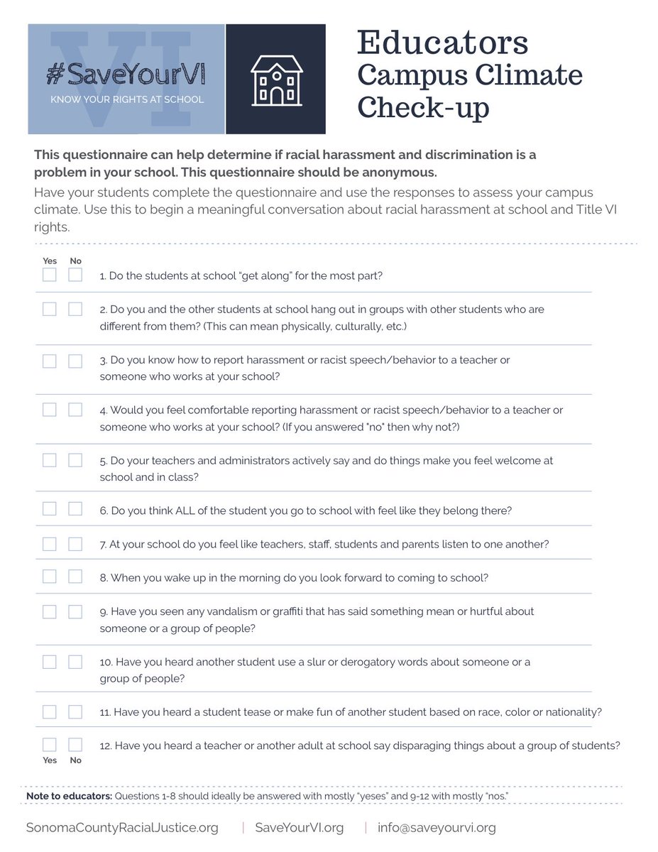 saveyourVI's tweet photo. Educators, staff & administrators: #SaveYourVI created & provides a FREE Campus Climate Check Up sheet. Use it! https://t.co/kxYt8xPuLx https://t.co/CRkWREupfN