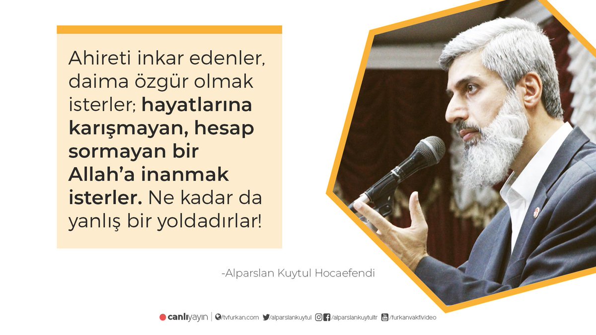 alparslankuytul's tweet photo. Ahireti inkar edenler, daima özgür olmak isterler; hayatlarına karışmayan, hesap sormayan bir Allah’a inanmak isterler. Ne kadar da yanlış bir yoldadırlar!
Canlı Yayın:
https://t.co/LEAiqDXjYy

#AlparslanKuytulCanlıYayında https://t.co/Kw0zHv2vKj