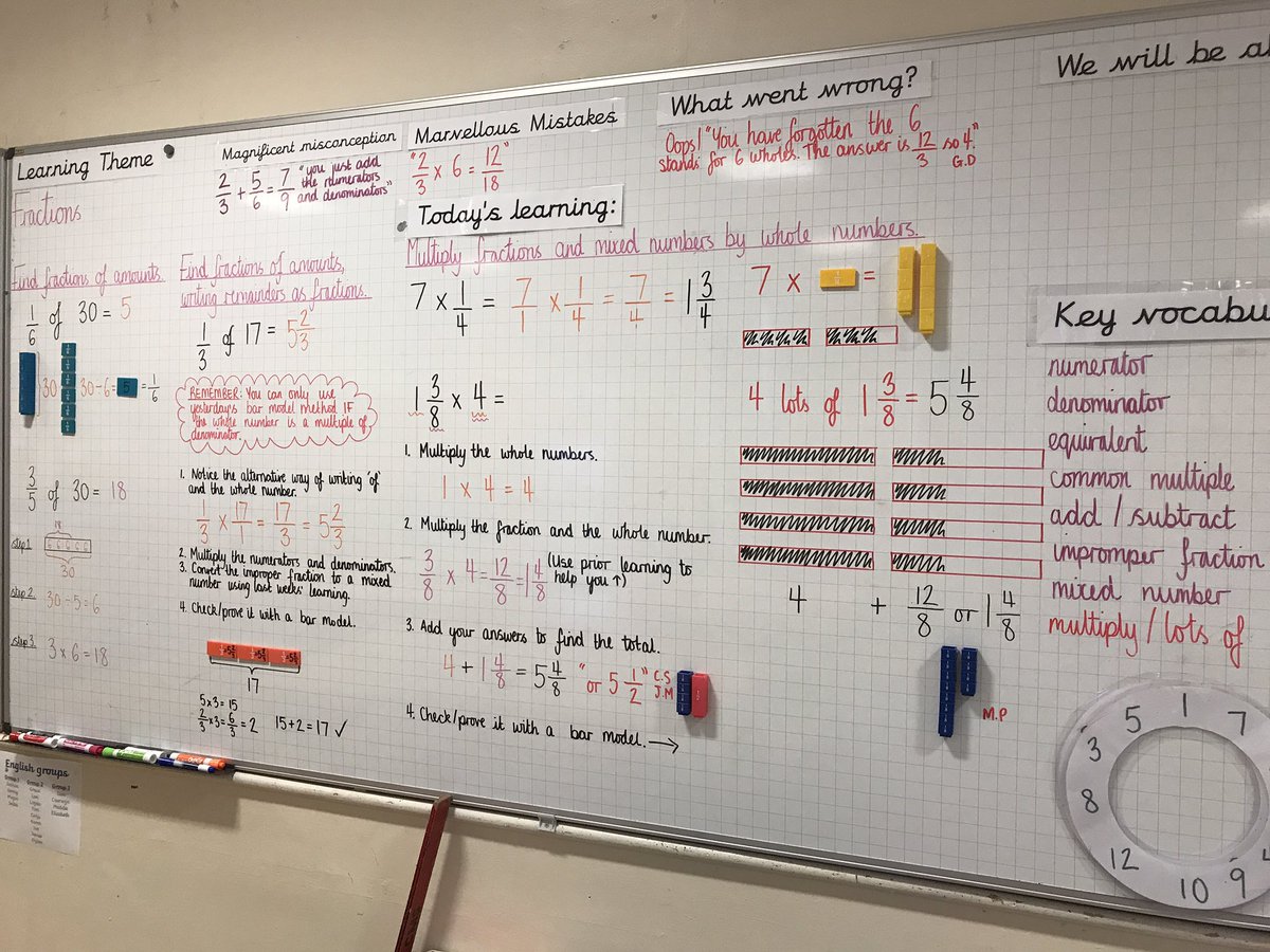 TeachWithMissD's tweet image. This weeks maths - fractions of amounts and multiplying (plus some links to prior learning) with a lot of bar modelling. We're loving fractions! #MathsThisWeek #PrimaryRocks #MathsWorkingWall #MathsMastery #Year5 #NQT