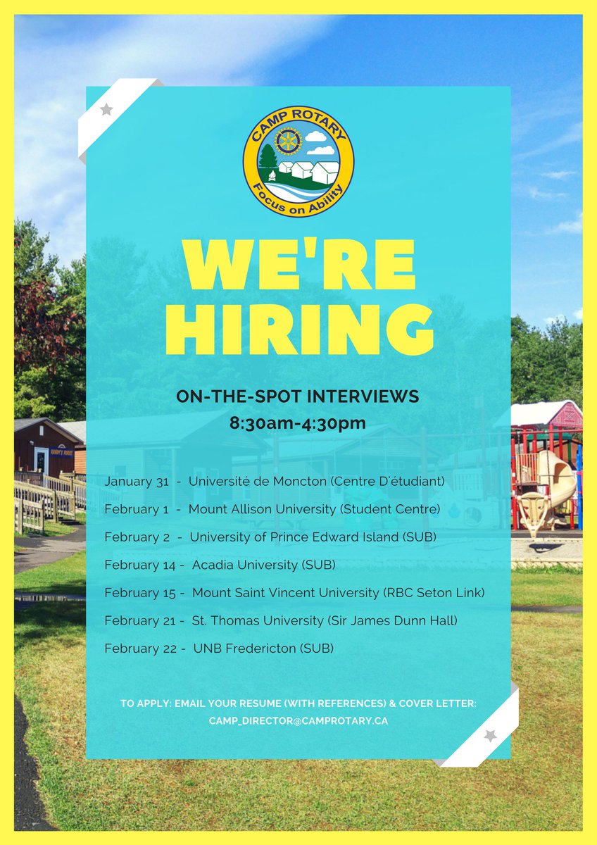 CampRotaryNB's tweet photo. We're hiring for the summer! 🎊 On-the-spot interviews!
Catch us on a campus near you in the coming weeks. For more info or to apply, email: camp_director@camprotary.ca https://t.co/LTKImpRk17