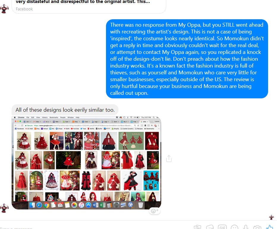 sakura_tea_chan's tweet photo. All the responses given by Castle Corsetry when confronted about My Oppa's design before having others quickly review her shop with 5 stars then miraculously removed her Facebook business page all together due to 'harassment' aka the truth hurts. #arttheft #cosplay #sharearound https://t.co/focVre0qKF