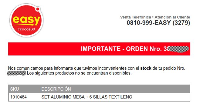 Una farsa <a href="/EasyArg/">Easy Argentina</a> <a href="/Cencosud_SA/">Cencosud SA</a>. Promocionan grandes descuentos  online pero comprás y al rato te dicen que no tienen stock.