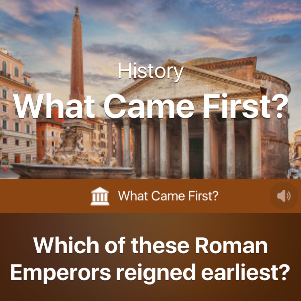 questioncubeapp's tweet photo. Play today’s History #trivia!
How well do you know Roman Emperors?? 🤴🏻✨✨
#RomanEmpire #historyteacher #indiegame #indiedev #gamedev #FridayThoughts #trivianight https://t.co/3zcJukg8Mq