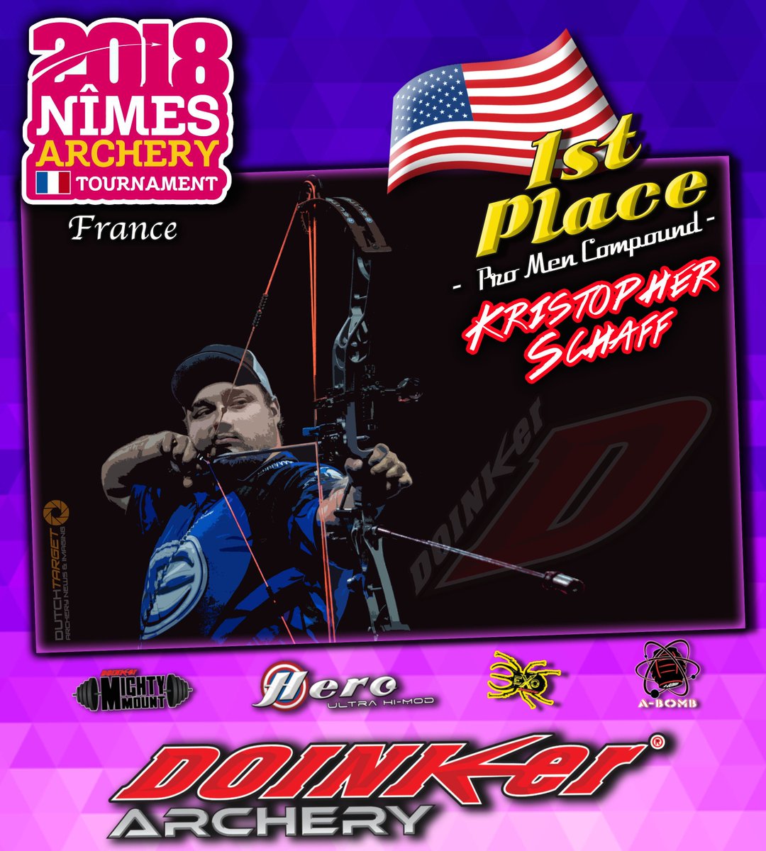 DoinkerStabs's tweet image. Congratulations to Team Doinker&apos;s Kristopher Schaff of the USA on his 1st Place Win at the 2018 Nimes Archery Tournament in France! #TeamDoinker #HeroUltraHiMod #2018NimesArcheryTournament #Winning #Doinker #Archery