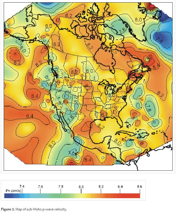 USGS's tweet photo. The Moho marks the transition from crust to mantle, discovered by Andrija Mohorovicic in 1909. P-waves dramatically increase in velocity below this boundary. What differences do you see between Western and Eastern N. America? #Geology101 https://t.co/zafCL5gEiZ