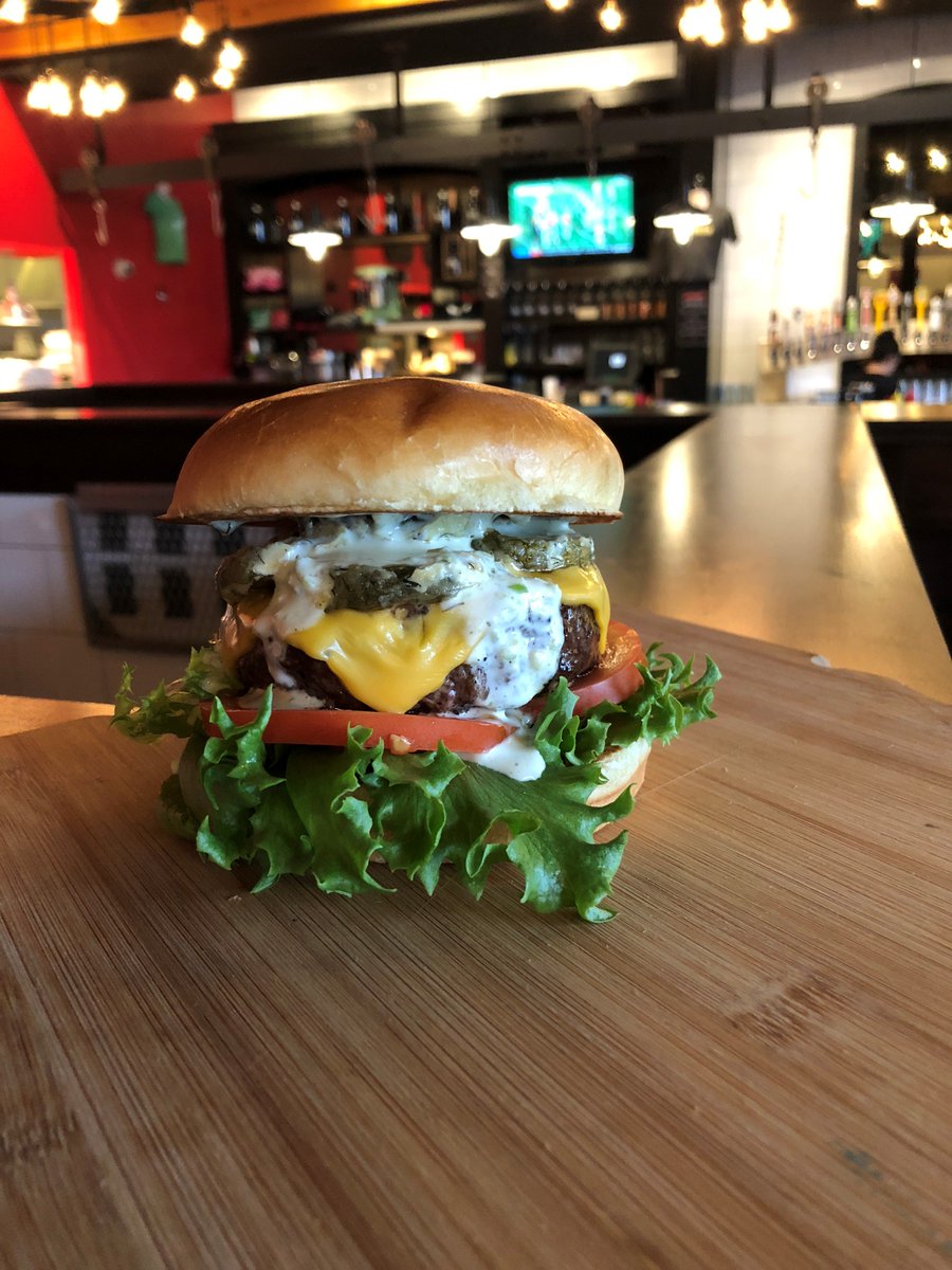 TheRailBurger's tweet photo. #Canton's #WeekendSpecial is The All American Twist, topped with American Cheese, Lettuce, Tomato, our signature Fried Pickles, Jalapeno Ranch and available through Sunday for $12! #LocalEats #Yum #AllAmericanTwist #BurgerFeature #WeekendBurger #EatLocal https://t.co/xRBpEG51Sn