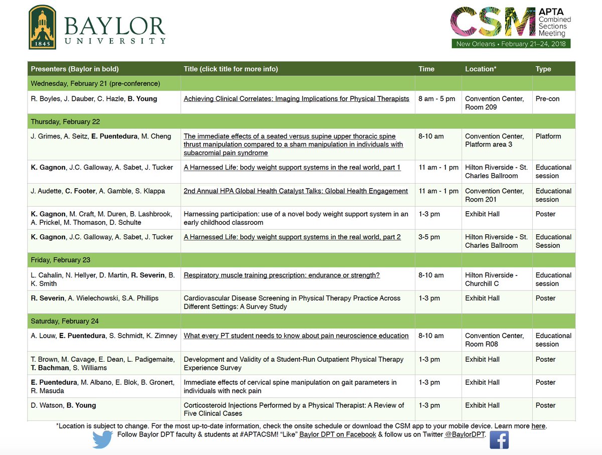 BaylorDPT's tweet photo. Baylor DPT faculty are gearing up for #APTACSM. Heading to New Orleans? Check out our presentations &amp; research! A pdf version of our schedule (with links) may be found here: https://t.co/jG1OWaIUbB https://t.co/xMkNiiqUzB