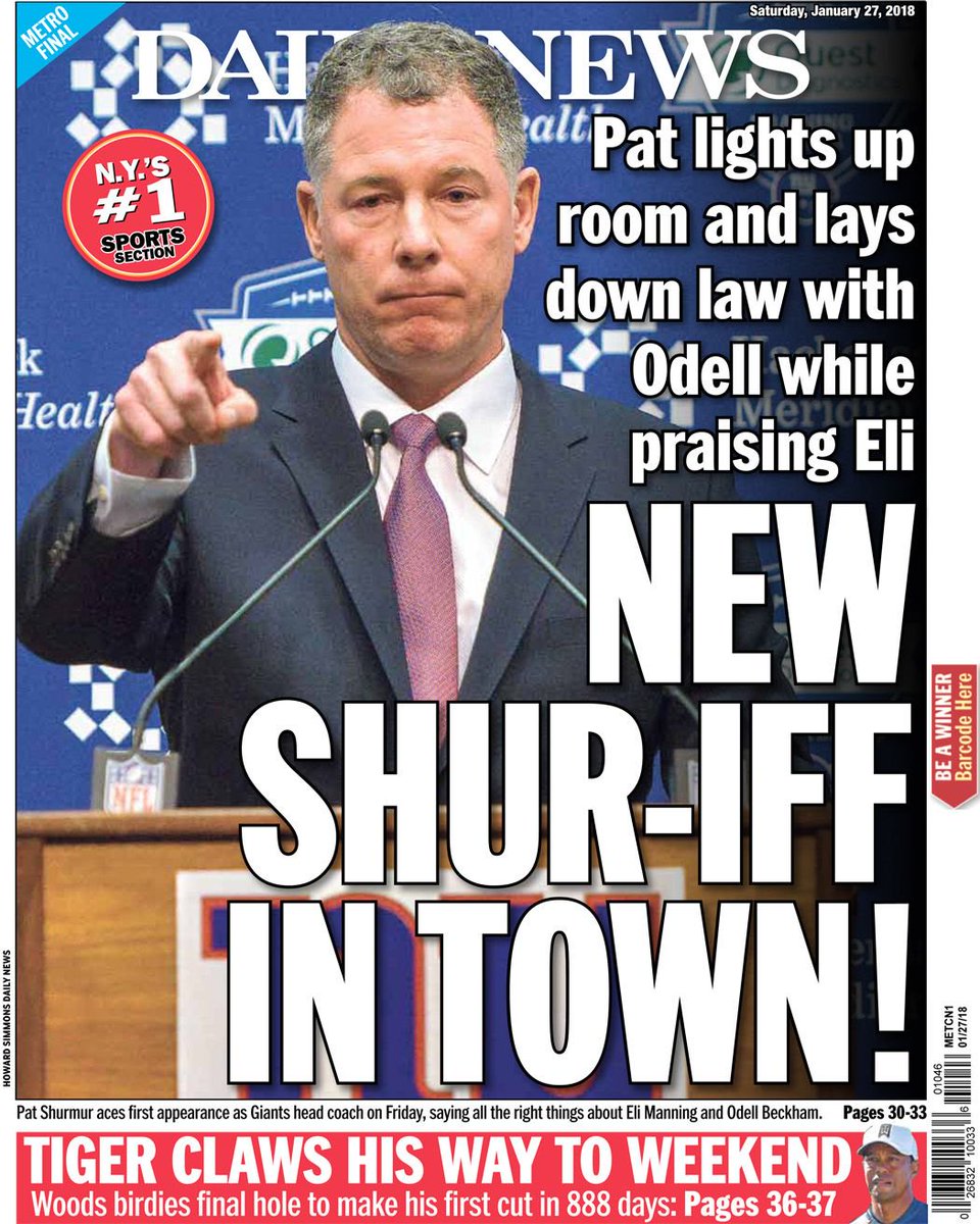 Our @NYDNSports back page: Pat Shurmur lights up the room and lays down the law as he's introduced at the new Giants coach. @garymyersNYDN -- nydn.us/2EhbusV