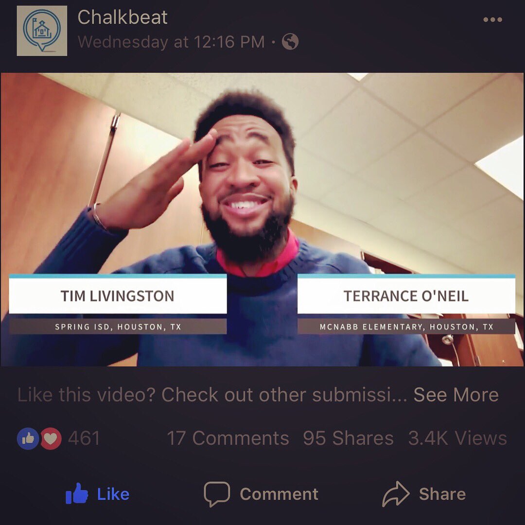 SpringISD's tweet photo. #CheckItCheckIt #TimLivingston is currently a semifinalist in the #Chalkbeat #GreatAmericanTeachOff w/his #VideoBlog reflecting on a math lesson he has taught. He needs your vote to move on to finals. Voting ends Monday @ Midnight! #RockTheLivinstonVote https://t.co/3CZwCGg212 https://t.co/h6RFuMk4LL