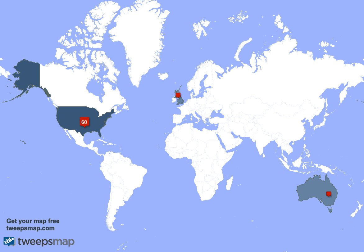 My followers live in 3 countries: USA(58%), Australia(19%)... tweepsmap.com/!memey_creamy69 Get your free map!