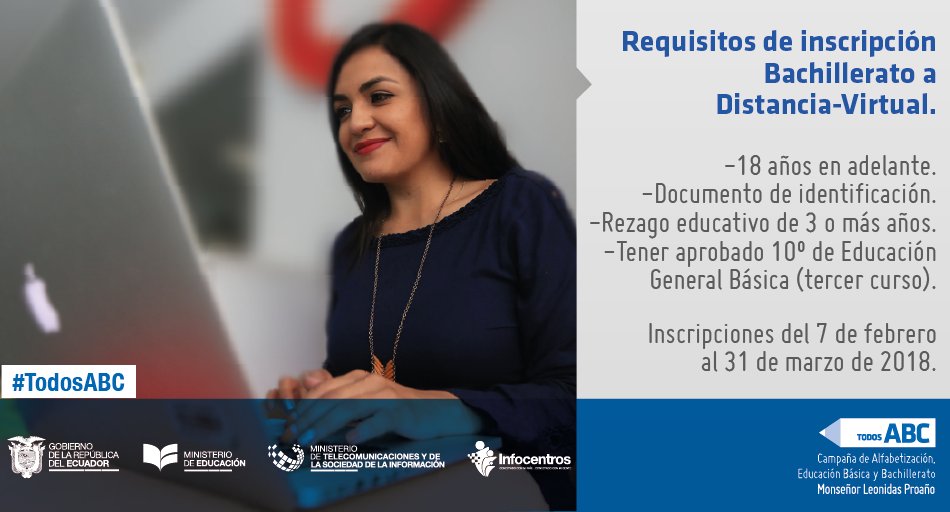Educacion_Ec's tweet photo. Los requisitos para el Bachillerato a Distancia son: Tener 18 o más años de edad; documento de identificación; rezago educativo de 3 o más años de edad y tener aprobado 10.° de EGB. #TodosABC https://t.co/BOedssG5yW