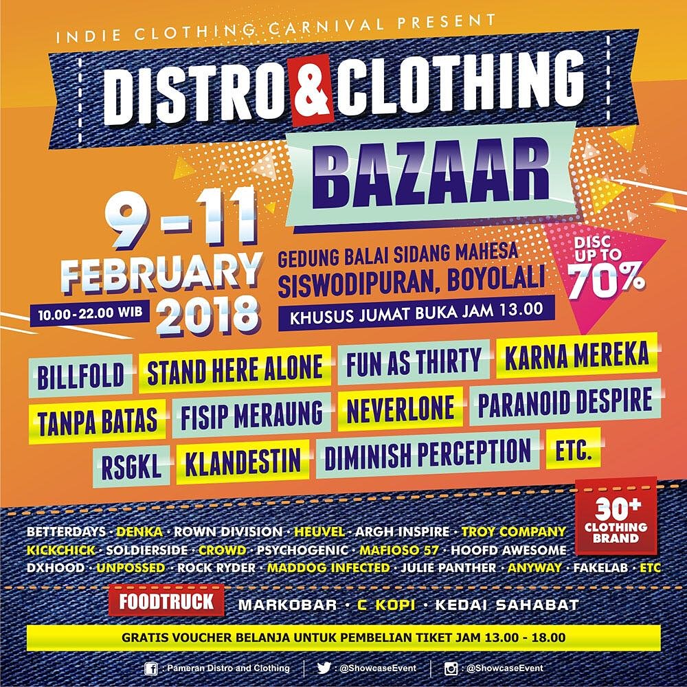 BOYOLALI ¦ 9-11 Februari 2018
DISTRO &amp; CLOTHING BAZAAR
At Gedung Balai Sidang Mahesa
Siswodipuran, Boyolali