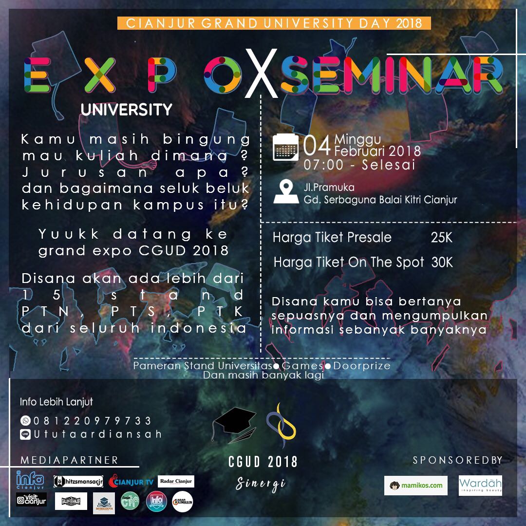 CGUD_2018's tweet photo. Proudly present 🎉 
Expo University &amp; Seminar Pendidikan dan Kewirausahaan 🎉 

Tiket Presale Only 25K, Until January 29th 2018

Info lebih lanjut 
📞087778656467 
(LINE): agustinintan
📞081220979733
(LINE): ututaardiansah

#ExpoUniversity
#Seminar
#CGUD2018
#Sinergi https://t.co/zX6YnMtDPo