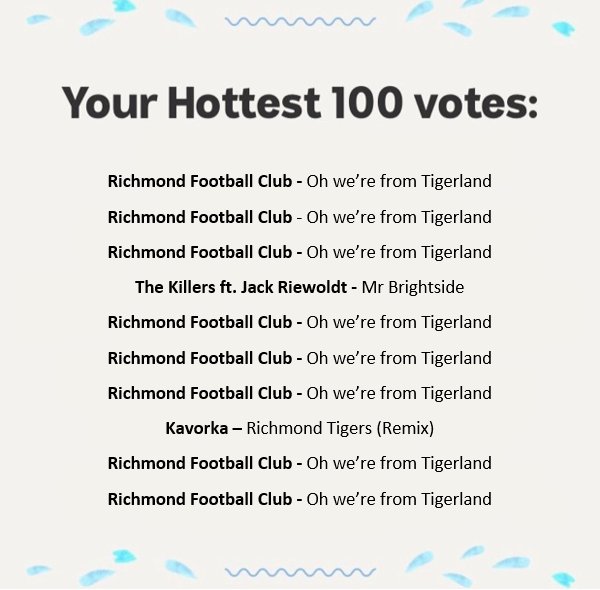 Richmond_FC's tweet photo. Hope everyone got their votes in 🐯📻 

Congrats to @JackRiewoldt08 on his #Hottest100 debut. https://t.co/lYmjf4yChY