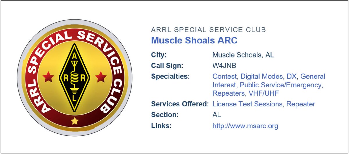 MuscleShoalsARC's tweet photo. The ARRL has granted the Muscle Shoals Amateur Radio Club Special Service Club status!  Thanks to everyone who helped the MSARC qualify for this honor.  #HamRadio https://t.co/EKvbq6meSM