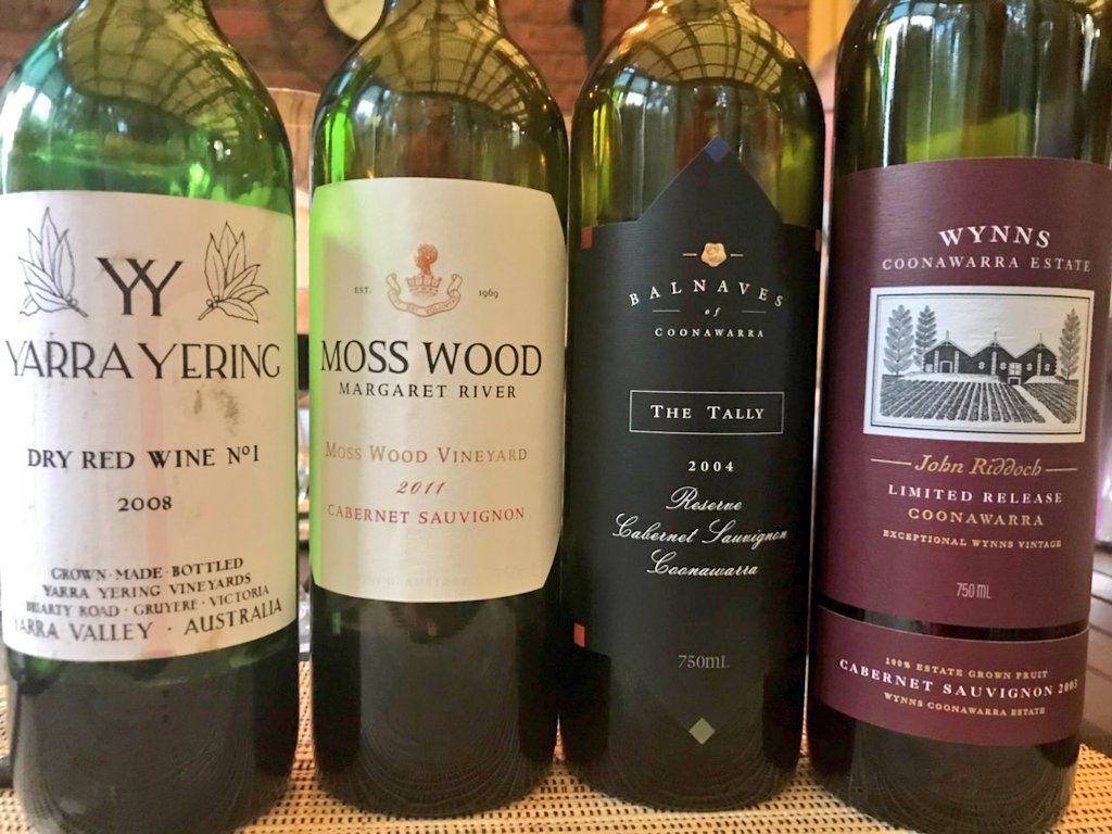 Aussie Wine Tasting (@austwinetasting) on Twitter photo Australia Day drinks. Yarra Yering Dry Red No 1 2008, Moss Wood Margaret River Cabernet Sauvignon 2011, Balnaves Coonawarra The Tally 2004, Wynns Coonawarra John Riddoch Cabernet Sauvignon <a href="/Moss_Wood/">Moss Wood</a> <a href="/YarraYering/">Yarra Yering</a> <a href="/BalnavesWine/">BalnavesWine</a> <a href="/WynnsEstate/">Wynns Coonawarra</a> Australia Day drinks. Yarra Yering Dry Red No 1 2008, Moss Wood Margaret River Cabernet Sauvignon 2011, Balnaves Coonawarra The Tally 2004, Wynns Coonawarra John Riddoch Cabernet Sauvignon <a href="/Moss_Wood/">Moss Wood</a> <a href="/YarraYering/">Yarra Yering</a> <a href="/BalnavesWine/">BalnavesWine</a> <a href="/WynnsEstate/">Wynns Coonawarra</a>