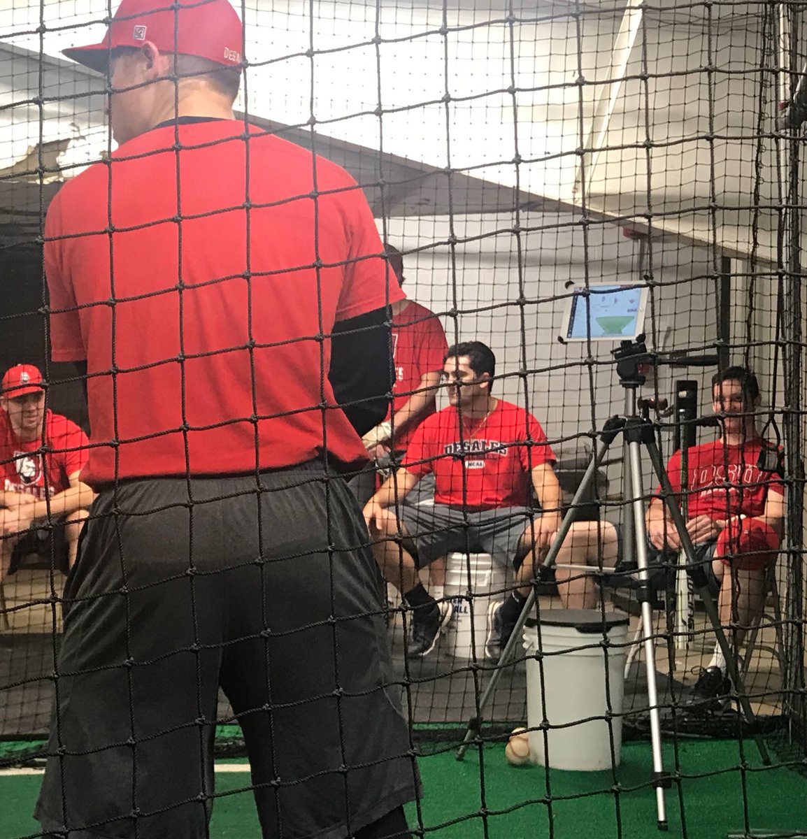billhezel's tweet photo. iPad tripod setup in cage tonight for guys to see @rapsodo hitting data between swings. Live ABs starting up soon. #dsubb #DAWGS #desalesbaseball https://t.co/Qe8FwARKkc