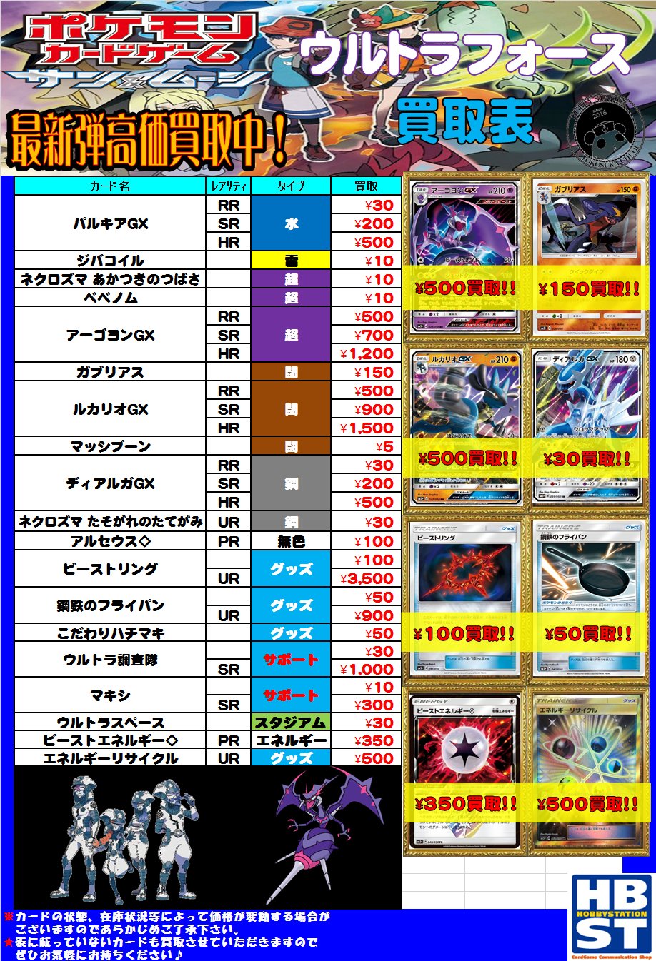 ホビーステーション横須賀中央店 Auf Twitter ポケモンカード ウルトラフォース の買取表更新しました アーゴヨンgx Rr 500 ルカリオgx Rr 500 ビーストエネルギープリズムスター 350 ぜひぜひ買取お待ちしてますっ T Co