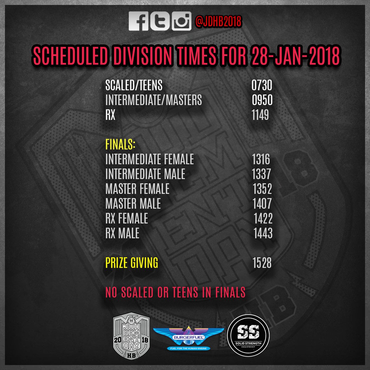 jdhb2018's tweet photo. Whats up fams!!! Epic stuff today! Here is the current schedule for each Division tomorrow. Make sure to share this with your famz and friends afar who may wish to follow our Live broadcast. Rest well :) #JDHB18 #TodayWasAGoodDay https://t.co/IhP3CUSzqM