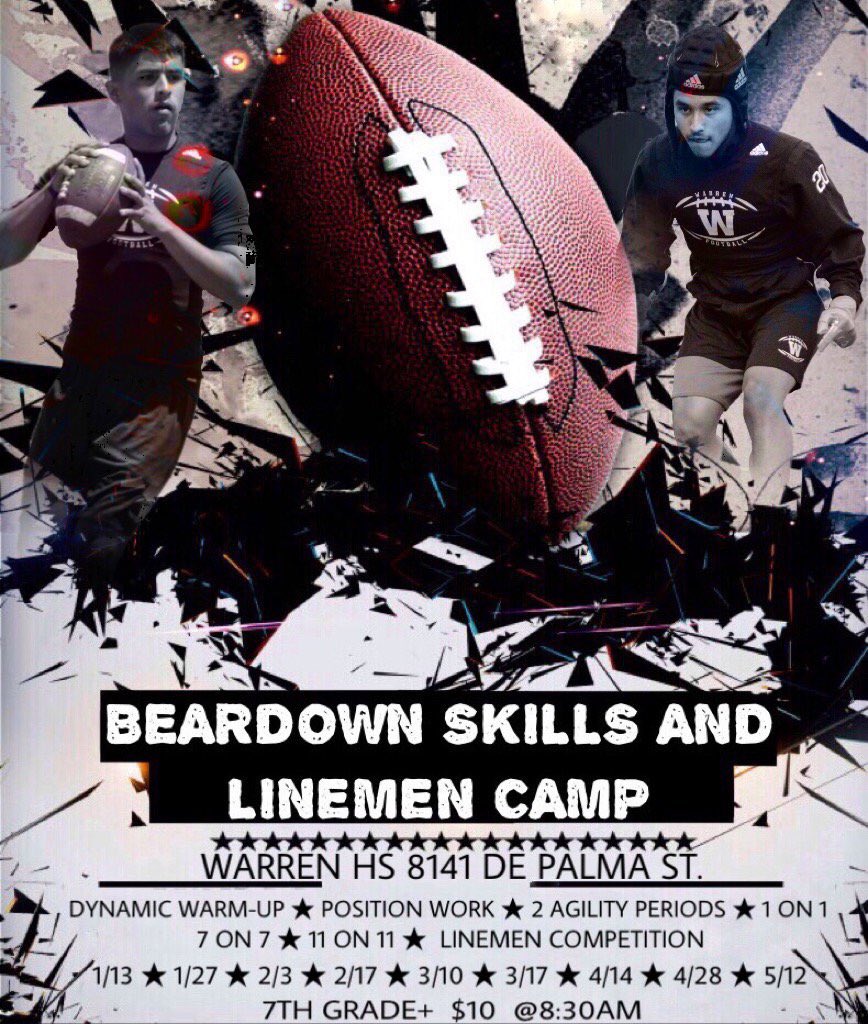 WHSBearFootball's tweet photo. Tomorrow is the day. Round 2 of the Beardown Skill and Lineman Camp at Warren High School! Come get work with coaches with NCAA and NFL experience. Only $10! Check in starts at 8:30.
#beardown #slowfeetdonteat #competition https://t.co/IlPgaix1A8