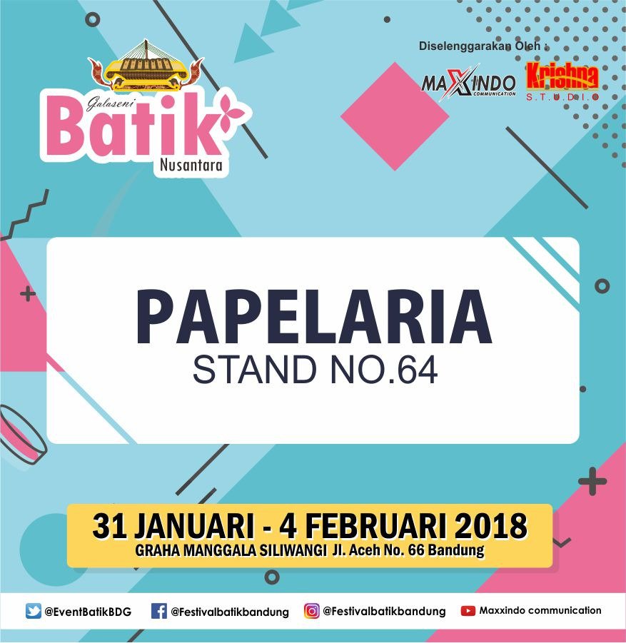 Beberapa Nama stand yang akan meramaikan Pameran Galaseni Batik Nusantara 2018 yang diadakan di Graha Mangggala Siliwangi pada tanggal 31 January – 4 February 2018

#galasenibatiknusantara #galasenibatiknusantara2018 #pameranbatik #festivalbatik #pameranbadung #festivalbandung