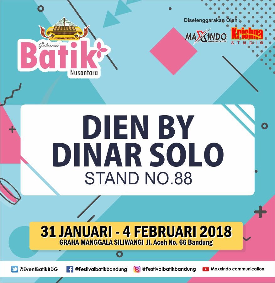 Beberapa Nama stand yang akan meramaikan Pameran Galaseni Batik Nusantara 2018 yang diadakan di Graha Mangggala Siliwangi pada tanggal 31 January – 4 February 2018

#galasenibatiknusantara #galasenibatiknusantara2018 #pameranbatik #festivalbatik #pameranbadung #festivalbandung