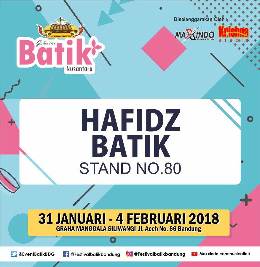 Beberapa Nama stand yang akan meramaikan Pameran Galaseni Batik Nusantara 2018 yang diadakan di Graha Mangggala Siliwangi pada tanggal 31 January – 4 February 2018

#galasenibatiknusantara #galasenibatiknusantara2018 #pameranbatik #festivalbatik #pameranbadung #festivalbandung