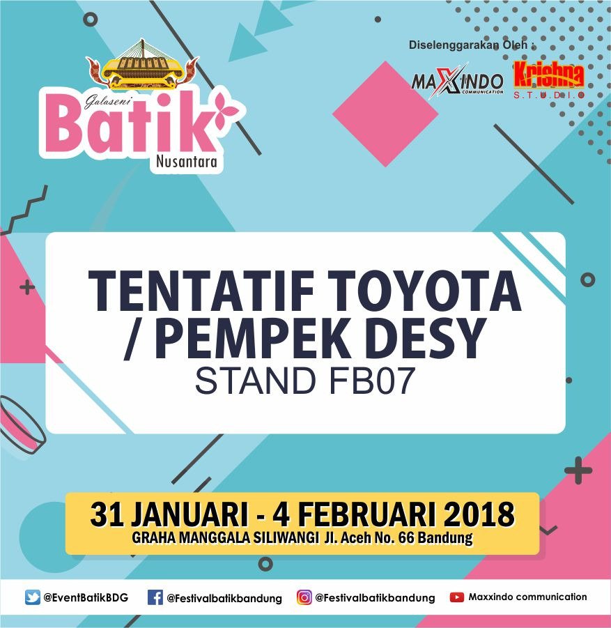 Beberapa Nama stand yang akan meramaikan Pameran Galaseni Batik Nusantara 2018 yang diadakan di Graha Mangggala Siliwangi pada tanggal 31 January – 4 February 2018

#galasenibatiknusantara #galasenibatiknusantara2018 #pameranbatik #festivalbatik #pameranbadung #festivalbandung
