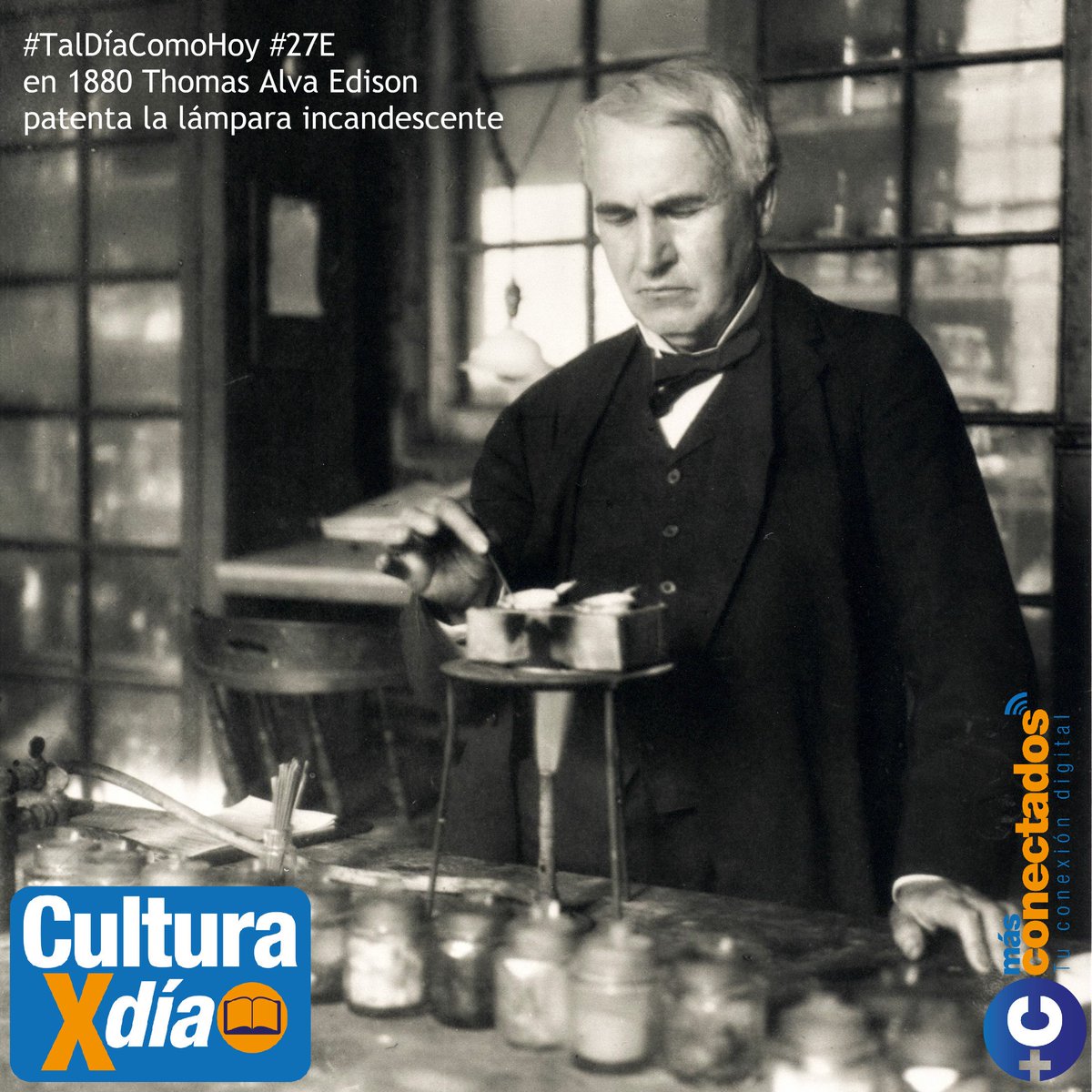 culturaxdia's tweet image. #TalDíaComoHoy #27Ene en 1880 Thomas Alva Edison patenta la lámpara incandescente, un dispositivo que produce luz mediante el calentamiento de un filamento metálico, hasta ponerlo al rojo blanco, mediante el paso de corriente eléctrica.