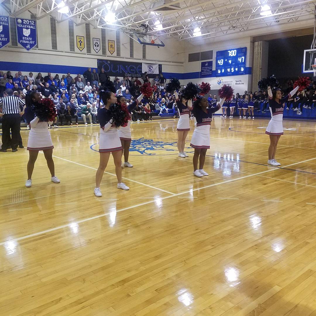 HartleyCheer's tweet photo. Can you believe this was an AWAY game?!?!?  Our PIT won't quit!

@ohsaasports @Jerry_Snodgrass  #goldenmegaphone #blueout #awaygame #hartleycheer #hawkattack #hartleynation #getitonthree #cantspellspiritwithoutourPIT #cheerchallenge #pushyourself #theworkisworthit #hartleyhoops https://t.co/fZYYZ5AGoq