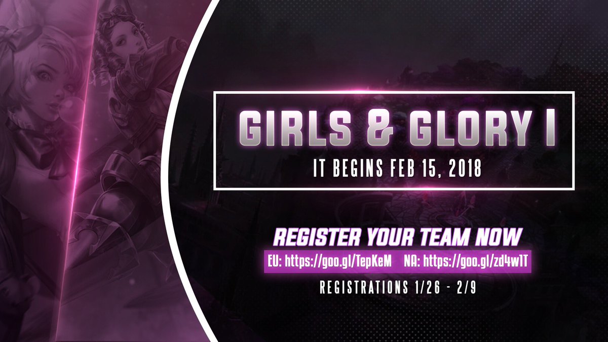 girlsandglory's tweet photo. Introducing 🏆 Girls &amp; Glory I 🏆 our 1st Vainglory Tournament!

Registration is now open! Be sure you get your team in before Feb 9th to join this new exciting tournament format! 

Tournament Links Here👇
NA 🇺🇸: https://t.co/SwFuWhwRoB
EU 🇬🇧: https://t.co/yp4hc9anJ2 https://t.co/s0AqRaW4tW