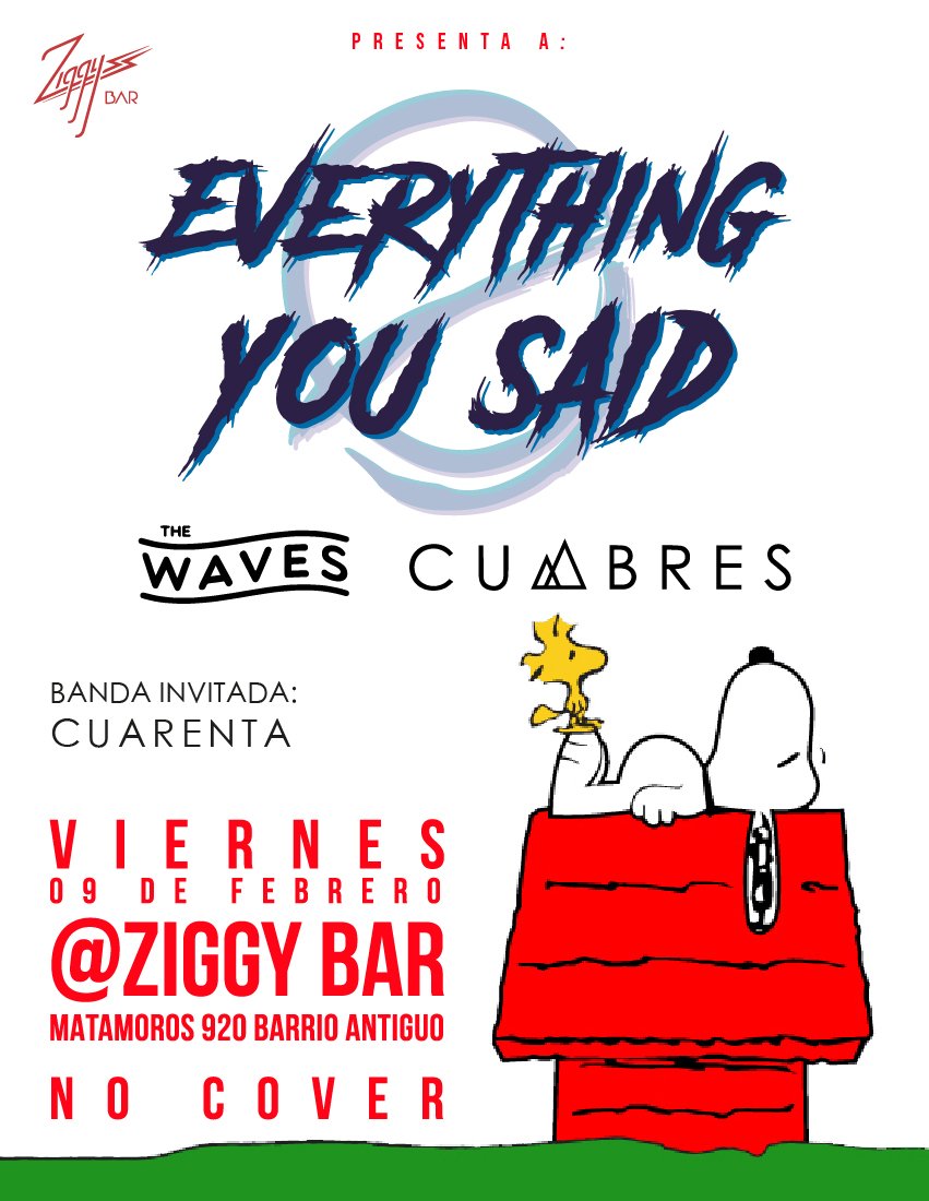 V I E R N E S 0 9 | F E B R E R O | 2 0 1 8 - N O C O V E R 

Nos vemos en el #ZiggyBar en #Monterrey a lado de muy buenos amigos!.
#EYSMX #THEWAVES #CUMBRESBAND #CUARENTAMX